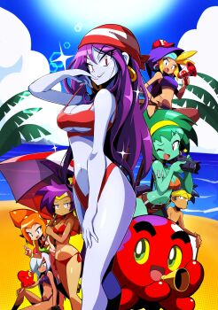Rule 34 | 2024, 2boys, 5girls, adjusting clothes, adjusting swimsuit, annoyed, antenna hair, arms up, bandana, bandeau, bare shoulders, beach, beach umbrella, bikini, blonde hair, blue hair, blue headband, blue skin, blush stickers, bolo (shantae), bracelet, breasts, brown eyes, camera, clenched hands, collarbone, colored skin, commentary, dark-skinned female, dark-skinned male, dark skin, day, double v, english commentary, feet out of frame, flustered, green one-piece swimsuit, green skin, grin, hairband, halterneck, hand on own hip, headband, highleg, highleg bikini, highres, holding, holding camera, holding megaphone, holding umbrella, holly lingerbean, hood, hood up, hoodie, jewelry, jitome, large breasts, leaning forward, leather belt, long hair, megaphone, multiple boys, multiple girls, narrow waist, navel, ocean, official art, one-piece swimsuit, one eye closed, open mouth, orange bikini, outdoors, palm tree, pirate, ponytail, purple bikini, purple eyes, purple hair, purple hoodie, red bikini, red eyes, risky boots, rottytops, sakurajyousui nami, sandals, shantae, shantae: half-genie hero, shantae (series), shantae and the pirate's curse, shore, short hair, side-tie bikini bottom, sitting, sky (shantae), smile, sparkle, spiked hair, squid baron, squid smith, standing, straight hair, striped clothes, striped headwear, sunlight, swimsuit, tareme, teasing, thick thighs, thighs, tiara, tree, tsurime, twintails, udon entertainment, umbrella, underboob, v, v-shaped eyebrows, very long hair, wayforward, wink, yellow headband, zombie girl