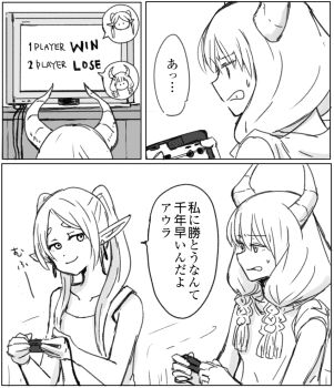 2girls aura_(sousou_no_frieren) braid closed_mouth collarbone commentary controller demon_girl demon_horns elf famicom frieren game_console game_controller greyscale holding holding_controller holding_game_controller horns monochrome multiple_braids multiple_girls mutsu_(layergreen) playing_games pointy_ears quad_braids short_sleeves smile smug sousou_no_frieren speech_bubble sweatdrop television translated twintails video_game