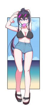 1girl absurdres arisa_(charon_universe) arm_behind_head arms_up beach bikini black_bikini black_sandals blue_eyes blue_shorts blue_sky blush border breasts charon_universe cloud commentary_request day denim denim_shorts eyewear_on_head food food_in_mouth full_body hh highres large_breasts long_hair long_legs looking_at_viewer mouth_hold no_shirt ocean outdoors outside_border ponytail popsicle popsicle_in_mouth purple_hair sandals short_shorts shorts sidelocks sky solo standing stomach sunglasses sweat swimsuit virtual_youtuber white_border