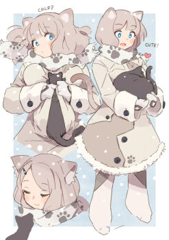 1girl :d animal animal_ears black_cat blue_background blue_eyes blush_stickers boots border breasts bright_pupils cat cat_ears cat_girl cat_tail closed_eyes closed_mouth coat commentary_request full_body fur-trimmed_coat fur_trim grey_hair heart highres holding holding_animal long_sleeves medium_breasts mittens open_mouth original outside_border paw_print print_scarf scarf short_hair smile snowing standing tail tsukudani_yosuke white_boots white_border white_coat white_mittens white_pupils white_scarf