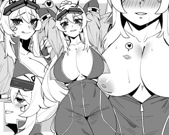 1girl 7a_(se7ena) :q arms_behind_head arms_up blush bodysuit border breasts breasts_out character_request cleavage closed_mouth collarbone commentary commission copyright_request double-parted_bangs english_commentary facial_mark grey_background greyscale heart highres huge_breasts licking_lips lipstick_mark lipstick_mark_on_breast long_hair looking_at_viewer mixed-language_commentary monochrome multiple_views nipples outside_border parted_lips sidelocks simple_background smile speech_bubble spoken_heart sweat tongue tongue_out white_border zipper zipper_pull_tab