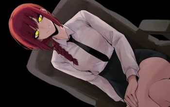 1girl black_background black_skirt braid braided_ponytail chainsaw_man chair closed_mouth crossed_legs high-waist_skirt highres j.k. long_hair makima_(chainsaw_man) on_chair red_hair ringed_eyes sidelocks sitting skirt smile solo yellow_eyes