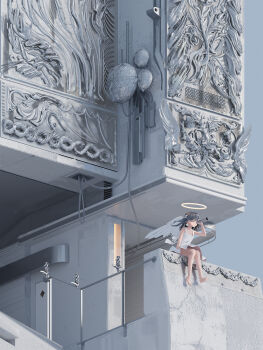 1girl absurdres airfish_(lefko_d) angel_wings barefoot black_hair building dress halo highres holding holding_telescope looking_through_scope original outdoors relief scenery solo spyglass telescope white_dress wings yellow_halo