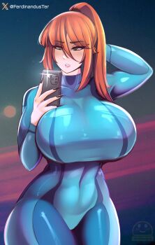 1girl absurdres alternate_breast_size_(larger) arm_behind_head black_nails blue_bodysuit bodysuit cellphone commentary cosplay cowboy_shot curvy english_commentary ferdinandusdart fingernails freckles green_eyes hair_between_eyes high_ponytail highres holding holding_phone long_hair metroid nail_polish nintendo orange_hair parted_lips phone ponytail samus_aran samus_aran_(cosplay) selfie skin_tight smartphone solo sweetie_doll_(character) wide_hips zero_suit