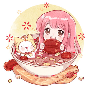 1girl ^_^ ahoge animal arms_behind_head artist_request bloom_poetry_(shining_nikki) bow bowtie brown_eyes cat chibi chinese_commentary circle cloak closed_eyes clothed_animal commentary_request dot_nose ear_covers eyelashes food holding holding_food hood hood_up hooded_cloak in_bowl in_container in_food light_blush long_hair long_sidelocks long_sleeves momo_(nikki) napkin nikki_(nikki) nikki_(series) nut_(food) official_art open_mouth partially_submerged pink_hair red_bow red_bowtie shining_nikki shirt sidelocks smile soup tareme teeth third-party_source towel towel_on_head traditional_bowtie two-tone_background upper_teeth_only very_long_hair whiskers white_background white_cat white_shirt yellow_background yellow_cloak