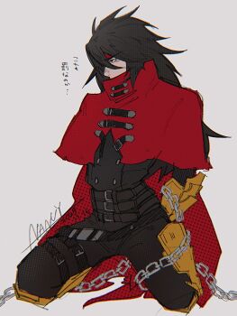 1boy armored_boots arms_behind_back artist_name belt belt_buckle black_hair black_jacket black_pants boots buckle cape chain chained cloak create_nancy final_fantasy final_fantasy_vii final_fantasy_vii_rebirth final_fantasy_vii_remake full_body gauntlets headband highres jacket kneeling long_hair looking_to_the_side male_focus multiple_belts pants red_cape red_cloak red_eyes red_headband single_gauntlet solo translation_request vincent_valentine