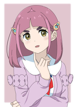 Rule 34 | 1girl, absurdres, bakenokawa, border, brown eyes, cardigan, collared shirt, commentary, hair ornament, hairclip, hand up, highres, index finger raised, lacey (pokemon), long hair, looking at viewer, nintendo, open cardigan, open clothes, open mouth, outside border, pokemon, pokemon sv, purple cardigan, purple hair, shirt, solo, upper body, white border, white shirt