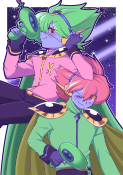 Rule 34 | 2boys, black gloves, black pants, blue skin, cape, captain spaceboy, closed mouth, colored sclera, colored skin, commentary request, eyepatch, fingerless gloves, gloves, green cape, green hair, gun, highres, holding, holding gun, holding weapon, long sleeves, male focus, multiple boys, official alternate hair color, omori, one eye closed, pants, pink eyes, pink hair, red eyes, short hair, smile, weapon, yellow sclera, zabalam inana