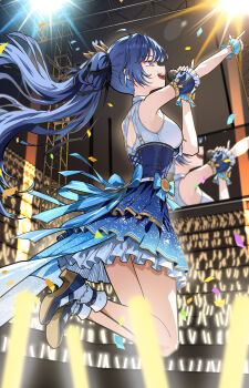 1girl absurdres ahoge alternate_costume audience bare_shoulders blue_bow blue_dress blue_eyes blue_hair blue_shoes bow breasts commentary confetti dress english_commentary from_side high_heels highres holding holding_microphone idol indoors iuno_(wuthering_waves) jumping long_hair medium_breasts microphone open_mouth outstretched_arm pointing pointing_forward ryeon_(naturesan) shoes smile solo stage twintails wuthering_waves