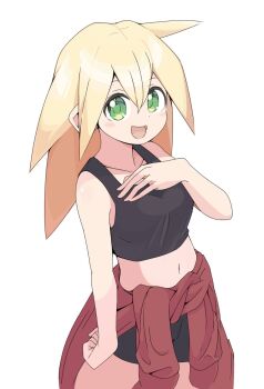 1girl black_shorts black_tank_top blonde_hair collarbone cowboy_shot green_eyes highres long_hair mega_man_(series) mega_man_legends_(series) midriff navel roll_caskett_(mega_man) shorts simple_background slyger_ex solo tank_top white_background