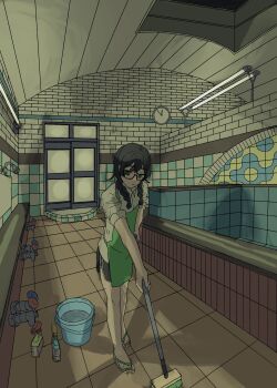 1girl absurdres analog_clock apron bathhouse black_shorts bottle braid bucket cevio cleaning clock collared_shirt dolphin_shorts faucet glasses green_apron green_eyes hanakuma_chifuyu highres indoors san_ten3 sandals shirt shorts solo spray_bottle synthesizer_v tile_wall tiles twin_braids white_shirt