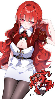 Rule 34 | 1girl, belt, black belt, blair rose, blush, breasts, chaum, cleavage, closed mouth, commentary, eyewear on head, flower, highres, indie virtual youtuber, long hair, pantyhose, pink eyes, red flower, red hair, red rose, rose, skirt, solo, symbol-only commentary, virtual youtuber, white skirt