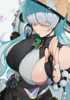 1girl abhaya_mudra absurdres bare_shoulders bead_bracelet beads blue_hair blunt_bangs bodysuit bracelet breasts bug butterfly colored_eyelashes commentary english_commentary from_above goddess_of_victory:_nikke highres insect jewelry kimkichun large_breasts mechanical_arms mechanical_hands monk multicolored_bodysuit nayuta_(nikke) red_eyes sideboob simple_background single_mechanical_arm solo split-color_clothes thick_eyelashes two-tone_bodysuit unusually_open_eyes white_background white_eyelashes