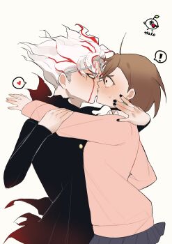 Rule 34 | 1boy, 1girl, absurdres, alternate form, ayase momo, blush, brown hair, couple, dandadan, facial mark, food, forced kiss, gakuran, glasses, gyaru, hachi (chisano hako), highres, holding, kiss, pocky, pocky kiss, round eyewear, school uniform, shared food, takakura ken (dandadan), takakura ken (transformed) (dandadan), white hair