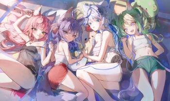 4girls :3 ahoge animal_ear_fluff animal_ears aokumo_rin ass black_bra black_negligee black_ribbon black_shorts blue_eyes bra breasts camisole chico_(yuzuha_riko) cleavage closed_mouth commentary_request crop_top cropped_shirt day dolphin_shorts drawstring fetal_position flat_chest fox_ears fox_girl fox_tail frills green_eyes green_hair green_shorts grey_hair gun hair_ornament hair_ribbon hair_rings hair_spread_out hanako_nana handgun heart heart_hair_ornament heterochromia highres holding holding_gun holding_weapon inari_(tenko_shibuki) indoors jewelry kemonomimi_mode korean_commentary kurimi_(aokumo_rin) large_breasts lingerie long_hair looking_at_viewer lying midriff multicolored_hair multiple_girls navel necklace negligee on_back on_side open_mouth oxoxozoa parted_lips peto_(hanako_nana) pink_hair pom_pom_(clothes) pom_pom_hair_ornament purple_eyes purple_hair red_shorts ribbon see-through_clothes shirt short_shorts shorts sleeveless sleeveless_shirt smile spaghetti_strap stellive stomach strap_slip streaked_hair stuffed_animal stuffed_rabbit stuffed_toy sunlight tail tenko_shibuki tied_drawstring twintails underwear virtual_youtuber weapon white_camisole white_shirt wispy_bangs yellow_eyes yuzuha_riko