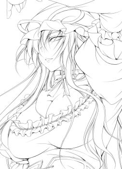 1girl breasts cleavage corset female_focus fuyuwa_kotatsu greyscale hat highres large_breasts monochrome simple_background solo touhou upper_body white_background yakumo_yukari