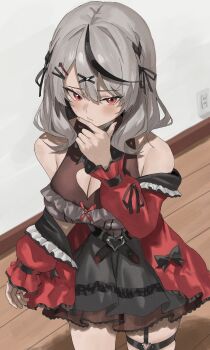 1girl absurdres black_coat black_ribbon black_skirt black_streaks blush braid breasts center_frills cleavage cleavage_cutout clothing_cutout coat commentary_request double-parted_bangs frilled_shirt frills grey_hair grey_shirt hair_ornament hair_ribbon hairclip heart heart_cutout heart_o-ring high-waist_skirt highres hololive indoors jirai_kei large_breasts looking_at_viewer medium_hair multicolored_hair nekoshima_kaede o-ring o-ring_thigh_strap official_alternate_costume red_coat red_eyes ribbon sakamata_chloe sakamata_chloe_(jirai_kei) shirt side_braids skirt sleeveless sleeveless_shirt solo streaked_hair thigh_strap two-sided_coat two-sided_fabric virtual_youtuber wavy_hair x_hair_ornament