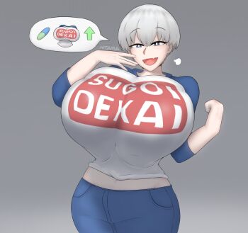 1girl blue_eyes breast_expansion breasts fang female_focus gigantic_breasts grey_hair highres hitama huge_breasts looking_at_viewer short_hair skin_fang solo uzaki-chan_wa_asobitai! uzaki_hana