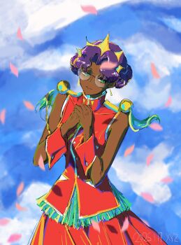 1girl bindi breasts cloud cloudy_sky cowboy_shot dark-skinned_female dark_skin dated glasses green_eyes highres himemiya_anthy medium_breasts own_hands_clasped own_hands_together parted_bangs purple_hair red_skirt red_vest red_wrist_cuffs short_hair shoujo_kakumei_utena sketch skirt sky solo tassel tiara vest wavy_hair windychariot wrist_cuffs