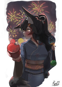 1girl aerial_fireworks animal_ears averting_eyes black_hair blue_kimono blush candy_apple commentary_request cropped_torso fireworks fireworks_print food hand_fan high_ponytail highres holding_candy_apple holding_food hololive hug incoming_food japanese_clothes kimono long_hair looking_to_the_side multicolored_hair nattoushouyu3 obi ookami_mio paid_reward_available paper_fan ponytail red_hair sash signature solo spiked_hair streaked_hair sweatdrop tail uchiwa very_long_hair virtual_youtuber w_arms water_yoyo wolf_ears wolf_girl wolf_tail yellow_eyes yukata