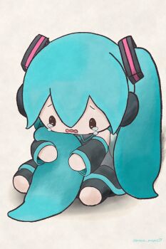 1girl aqua_hair artist_name black_skirt chibi chibi_only commentary_request crying detached_sleeves full_body grey_shirt hatsune_miku headset highres holding_own_hair long_hair moca_mame39 shirt sitting skirt solo tears twintails vocaloid