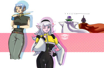 2boys 2girls alien android blue_eyes blue_hair bodysuit bulma cape colored_skin curvy deesartcave demon_girl dragon_ball dragon_ball_super dragon_ball_xenoverse dragon_ball_xenoverse_3 gamma_1 lipstick long_earlobes makeup multiple_boys multiple_girls one_eye_closed piccolo pink_skin red_cape screentones short_hair white_cape white_hair wink