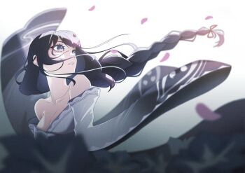 1girl absurdres bare_shoulders blunt_bangs blurry braid breasts cherry_blossoms cleavage collarbone depth_of_field falling_petals genshin_impact gradient_background grey_background hair_flowing_over hashtag-only_commentary highres japanese_clothes large_breasts lazyf0x33 long_braid looking_to_the_side looking_up mitsudomoe_(shape) mole mole_under_eye off_shoulder parted_lips petals pink_petals purple_eyes purple_hair raiden_shogun shade single_braid solo tomoe_(symbol) upper_body wide_sleeves wind