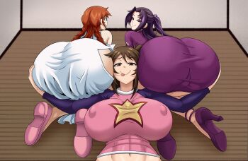 3girls absurdres all_fours anklet ass ass_focus bare_shoulders braid breasts brown_eyes brown_hair china_dress chinese_clothes commission commissioner_upload covered_erect_nipples dress face_in_ass glasses hair_ornament high_heels highres hug huge_ass huge_breasts hugging_ass jewelry kazehana large_breasts licking_lips long_dress long_hair long_sleeves looking_at_viewer looking_back lying matsu_(sekirei) mister_axolotl multiple_girls nipples non-web_source on_back open_clothes open_dress orange_eyes orange_hair ponytail presenting presenting_another presenting_ass purple_eyes purple_hair red_eyes red_hair sekirei shoes short_dress side_ponytail smile squishing teasing tight_clothes tongue tongue_out uzume_(sekirei) wide_hips wooden_floor yuri