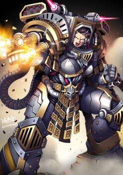 1girl adeptus_astartes ammunition_belt armor breastplate brown_hair clenched_hand clenched_hands firing full_armor gauntlets genderswap genderswap_(mtf) gold_trim greaves gun hazard_stripes highres iron_warriors legs_apart mechabare missile_pod open_mouth pauldrons perturabo power_armor primarch rivets rocket_launcher ryuusei_(mark_ii) scowl shell_casing short_hair shoulder_armor signature skull solo standing teeth tube warhammer_40k weapon