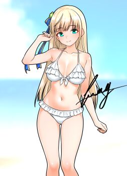 Rule 34 | 1girl, absurdres, bikini, blonde hair, blue sky, breasts, character request, cloud, commentary request, commission, day, feet out of frame, frilled bikini, frills, furaggu (frag 0416), green eyes, hair ribbon, highres, long hair, mahou tsukai to kuroneko no wiz, medium breasts, outdoors, ribbon, signature, skeb commission, sky, solo, standing, swimsuit, white bikini