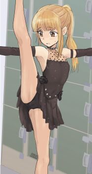 1girl armpits black_panties blonde_hair blush brown_eyes cameltoe cerealxs female_focus flat_chest highres loli medalist medalist_(manga) panties ponytail sarukawa_rinna solo split standing standing_on_one_leg standing_split sweat thighs underwear