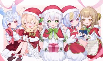 5girls :d ^_^ animal_ears ayatsuki_hina bell black_nails blonde_hair blue_hair blush bow bowtie brown_shoes capelet closed_eyes closed_mouth commentary dodoco_(genshin_impact) dress english_commentary fingernails fur-trimmed_capelet fur-trimmed_headwear fur_trim gem genshin_impact gift gloves green_bow green_bowtie green_eyes green_gem hair_bell hair_between_eyes hair_ornament hat highres holding holding_gift jingle_bell klee_(genshin_impact) leaf_hair_ornament long_sleeves looking_at_viewer melusine_(genshin_impact) multiple_girls nahida_(genshin_impact) nail_polish ofuda ofuda_on_head open_mouth orange_eyes parted_lips pointy_ears purple_eyes qiqi_(genshin_impact) red_bow red_bowtie red_capelet red_dress red_eyes red_hat shoes sigewinne_(genshin_impact) smile star-shaped_pupils star_(symbol) symbol-shaped_pupils white_dress white_gloves yaoyao_(genshin_impact)