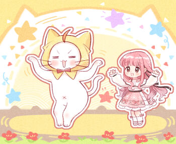 1girl =_= ahoge animal artist_request bare_shoulders belt black_belt black_bow black_ribbon blunt_bangs bow bow_legwear bowtie bra_strap brown_eyes cat chibi chinese_commentary cloak clothed_animal commentary_request dancing dot_nose ear_covers flower frilled_sleeves frills hair_bow hair_ribbon hood hood_up hooded_cloak infinity_nikki kneehighs layered_skirt light_blush long_hair long_sidelocks long_sleeves low_twintails mary_janes medium_skirt momo_(nikki) motion_lines navel nikki_(nikki) nikki_(series) off-shoulder_shirt off_shoulder official_art open_mouth outline pink_bow pink_hair pink_ribbon pink_shoes pink_skirt puffy_long_sleeves puffy_sleeves red_bow red_bowtie red_flower red_outline ribbon second-party_source shirt shoes sidelocks skirt sleeves_past_wrists smile snowflake_print socks stage standing star_(symbol) tareme traditional_bowtie tress_ribbon triangle twintails two-tone_background very_long_hair wavy_hair whiskers white_background white_cat white_outline white_shirt white_skirt white_socks yellow_background yellow_cloak