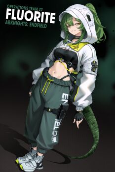 1girl adapted_costume arknights arknights:_endfield black_gloves breasts character_name clenched_teeth commentary english_commentary fingerless_gloves fluorite_(arknights) gloves green_eyes green_hair green_pants green_tail grey_shoes grey_shrug hair_through_hood highres hood hooded_shrug lizard_tail long_hair looking_at_viewer medium_breasts navel pants shoes shrug_(clothing) sidelocks smile snake_girl solo stomach tail teeth yan_kodiac