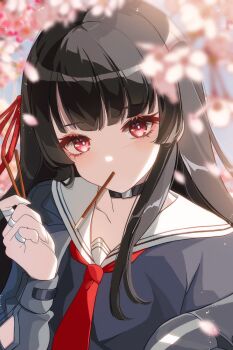 1girl black_choker black_hair black_jacket black_shirt cherry_blossoms chisa_(wuthering_waves) choker commentary fingernails food hair_ribbon hand_up highres holding holding_food holding_pocky jacket jewelry long_hair looking_at_viewer multiple_rings neckerchief pocky pocky_day red_eyes red_neckerchief red_ribbon ribbon ring sailor_collar shirt single_off_shoulder solo upper_body white_sailor_collar wuthering_waves zer00han