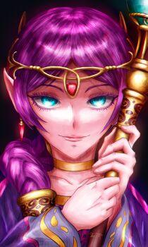 Rule 34 | 1girl, black background, blue eyes, braid, circlet, closed mouth, colored eyelashes, commentary, earrings, english commentary, evil smile, highres, holding, holding staff, jewelry, lips, long hair, long sleeves, looking at viewer, merlina (sonic), neck ring, parted bangs, parted hair, pointy ears, purple hair, ring, simple background, single braid, smile, solo, sonic (series), sonic and the black knight, staff, thejr, upper body