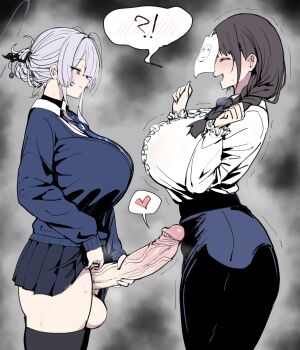 !? 1futa 1girl absurdres black_hair black_skirt blue_archive blue_cardigan blue_necktie blue_skirt braid breasts cardigan closed_mouth doodle_sensei_(blue_archive) erection female_sensei_(blue_archive) from_side futa_with_female futanari grey_eyes grey_hair grey_halo hair_ornament hair_stick halo hand_on_own_penis hands_up heart highres huge_breasts huge_penis itokonoue_kaoru long_hair long_sleeves necktie open_mouth paper_on_head penis penis_on_stomach project_kv school_uniform sensei_(blue_archive) shirt single_braid skirt spoken_heart testicles veins veiny_penis white_shirt xipa