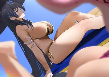 2girls alternate_costume animal_print ass barefoot bikini black_hair blue_eyes blue_hair blue_sky blurry blurry_foreground breasts colored_inner_hair commentary day depth_of_field from_side gold_bikini hair_intakes hashtag-only_commentary highres hololive hololive_english large_breasts leopard_print leopard_print_bikini long_hair multicolored_hair multiple_girls official_alternate_costume ouro_kronii outdoors panther_girl panther_tail pink_bikini print_bikini raora_panthera raora_panthera_(holonatsu_paradise) redi_(rasec_asdjh) side-tie_bikini_bottom sideboob sitting sky snake_armlet solo_focus swimsuit tail virtual_youtuber