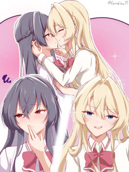 Rule 34 | 2girls, absurdres, ashigaya high school uniform, blonde hair, blue eyes, blush, bow, bowtie, braid, closed eyes, closed mouth, collared shirt, commentary request, finger to mouth, half up braid, heart, highres, karabina, kiss, koto satsuki, long hair, multiple girls, ouzuka mai, red bow, red bowtie, red eyes, school uniform, shirt, side braid, squiggle, twitter username, watashi ga koibito ni nareru wake naijan murimuri!, white shirt, yuri