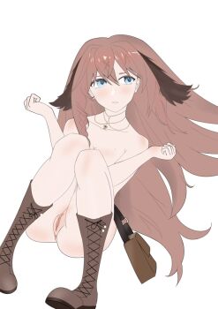 1girl anus bag blue_eyes blush boots braid breasts brown_hair cleavage collarbone hair_between_eyes handbag hands_up jewelry lace-up_boots long_hair looking_to_the_side mole necklace nude parted_lips pussy rayos shoulder_bag simple_background solo very_long_hair virtual_youtuber white_background
