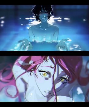 2girls alien_stage black_hair breasts chainsaw_man commentary highres i&#039;ll_teach_you_everything_(chainsaw_man) long_hair mizi_(alien_stage) multiple_girls partially_submerged pink_hair purple_eyes scene_reference smile sua_(alien_stage) uchiha_i_arts water yellow_eyes