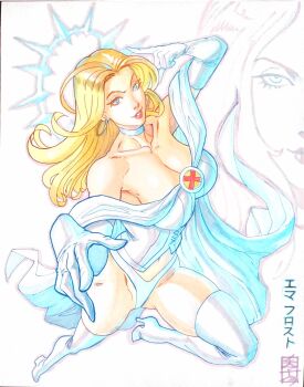 Rule 34 | 1girl, acecore2k, blonde hair, blue eyes, boots, breasts, cape, character name, choker, cleavage, collarbone, commentary, corset, earrings, emma frost, english commentary, floating hair, gloves, halo, highres, hoop earrings, jewelry, knee up, large breasts, long hair, looking at viewer, marker (medium), marvel, navel, panties, parted lips, pen (medium), pinup (style), solo, spiked halo, thigh boots, traditional media, underwear, white background, white boots, white cape, white choker, white corset, white gloves, white panties, x-men