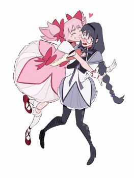 2girls ^_^ akemi_homura argyle_clothes argyle_pantyhose black_hair black_hairband black_pantyhose blush bow braid closed_eyes couple dingnin98201637 dress_bow embarrassed full_body glasses gloves hairband hashtag-only_commentary heart high_heels highres kaname_madoka long_hair looking_at_another mahou_shoujo_madoka_magica mahou_shoujo_madoka_magica_(anime) multiple_girls open_mouth outstretched_arms pantyhose pink_hair purple_skirt red_bow red_shoes shoes short_sleeves short_twintails simple_background skirt smile twin_braids twintails white_background white_gloves yuri