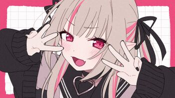 Rule 34 | 1girl, :d, black choker, black jacket, black nails, black ribbon, black sailor collar, blush, border, choker, colored inner hair, commentary request, fang, grey hair, grey shirt, grid background, hair over shoulder, hair ribbon, hands up, heart, heart choker, highres, ika (seppia), jacket, long hair, looking at viewer, makaino ririmu, middle w, multicolored hair, nail polish, nijisanji, off shoulder, official alternate costume, open mouth, outside border, pink border, pink hair, pink streaks, pointy ears, portrait, red eyes, ribbon, sailor collar, school uniform, serafuku, shirt, sidelocks, skin fang, sleeves past wrists, smile, solo, streaked hair, two-tone hair, two side up, v-shaped eyebrows, virtual youtuber, w, white background