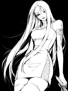 1girl arm_tattoo bare_shoulders breasts closed_mouth cowboy_shot dress greyscale hair_between_eyes highres holding lips long_hair looking_at_viewer medium_breasts monochrome original short_dress simple_background solo sword_tattoo tattoo teeniika very_long_hair white_background