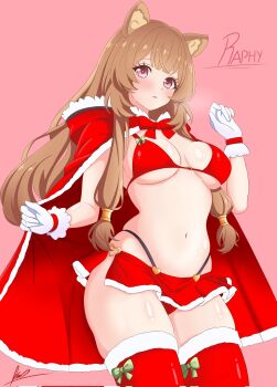 1girl alternate_costume animal_ear_fluff animal_ears blunt_bangs bow bow_legwear bra breasts breasts_apart brown_hair character_name christmas cloak commentary_request corrupted_twitter_file eyelashes fur-trimmed_cloak fur-trimmed_hood fur-trimmed_skirt fur-trimmed_thighhighs fur_trim gloves green_bow hands_up highleg highleg_panties highres hood hood_down hooded_cloak kevinxdx3 long_hair looking_at_viewer medium_breasts metal_hair_tubes microskirt navel neck_ribbon no_tail panties pink_background pink_eyes raccoon_ears raccoon_girl raphtalia red_bra red_cloak red_panties red_ribbon red_skirt red_thighhighs ribbon santa_costume side_slit signature simple_background skindentation skirt solo spanish_commentary stomach straight_hair tate_no_yuusha_no_nariagari thick_thighs thighhighs thighs underwear white_gloves zettai_ryouiki