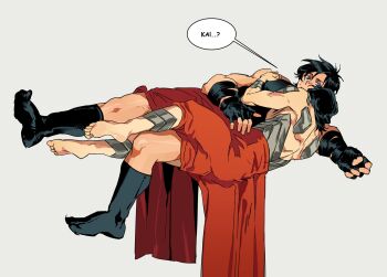 2boys absolute_batman absolute_dc absolute_superman bandaged_arm bandages barefoot batman black_hair black_socks blue_eyes cape commentary dc_comics grey_background hand_on_another's_shoulder highres male_focus multiple_boys muscular muscular_male red_cape simple_background socks speech_bubble superman symbol-only_commentary yaoi yyrt_5210