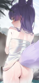 1girl absurdres ass blush closed_mouth cone_hair_bun double_bun from_behind green_eyes hair_bun highres long_hair naked_towel purple_hair september0405 solo stellive sweatdrop tail tenko_shibuki towel wet