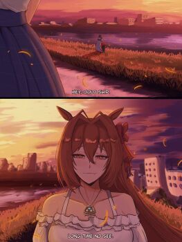 2girls animal_ears bare_shoulders blue_skirt breasts brown_hair casual closed_mouth collarbone daiwa_scarlet_(casual)_(umamusume) daiwa_scarlet_(umamusume) english_text fang frilled_shirt frills gold_ship_(casual)_(umamusume) gold_ship_(umamusume) grass grey_hair hair_intakes hat high-waist_skirt highres horse_ears horse_girl horse_tail jacket jewelry johnholl0w knees_up long_hair long_sleeves multiple_girls necklace off-shoulder_shirt off_shoulder outdoors pants pillbox_hat pink_sky red_eyes red_jacket riverbank shirt sitting skin_fang skirt sky sunset tail umamusume very_long_hair water white_shirt