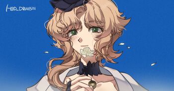 1girl acorn_pendant black_hat blonde_hair blue_background blurry blurry_background character_name druvis_iii falling_petals flower green_eyes hands_up happy_birthday hat highres looking_at_viewer medium_hair petals portrait reverse:1999 smile solo unhyang white_flower